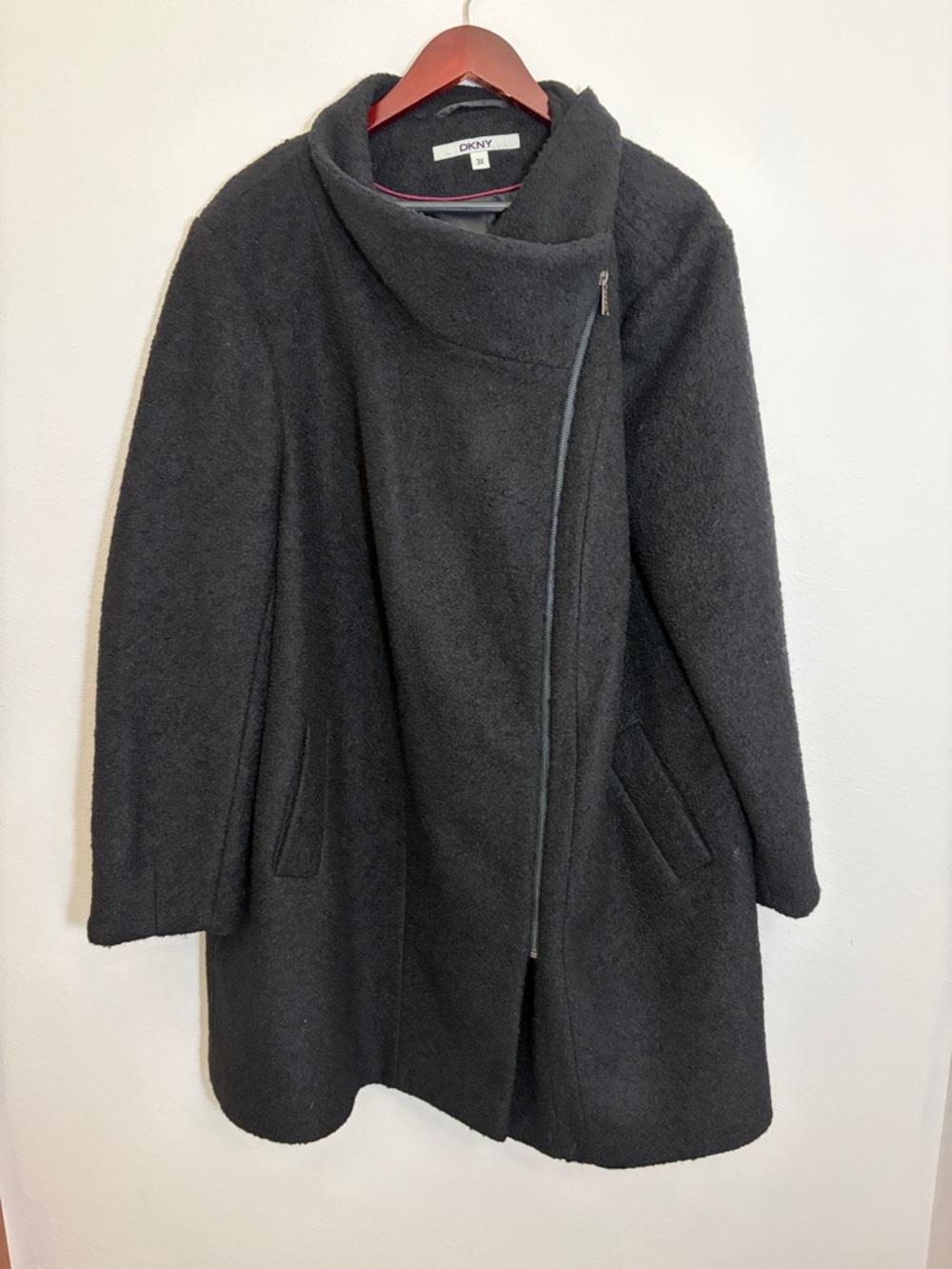 DKNY Black Wool-Blend Zip Pea Coat